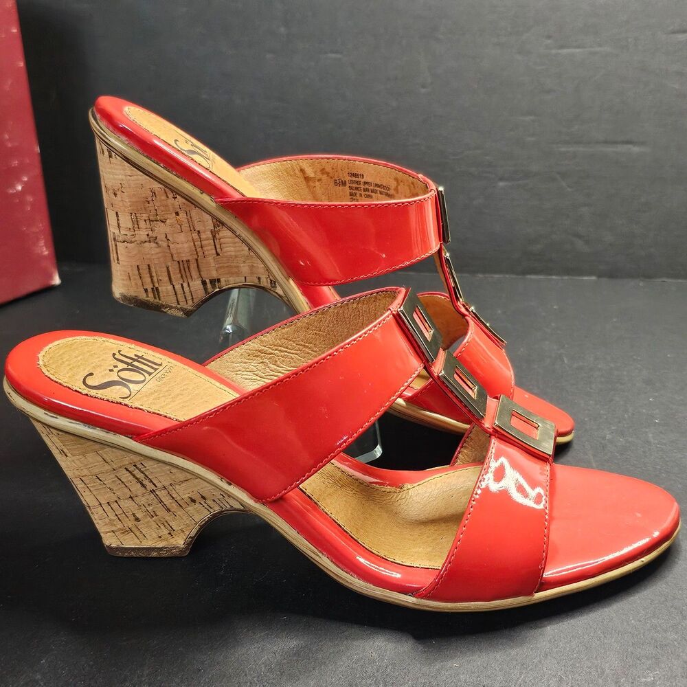 NIB Sofft Spezia Coral Patent Leather Cork Heels Size 6.5 Vintage New Old Stock
